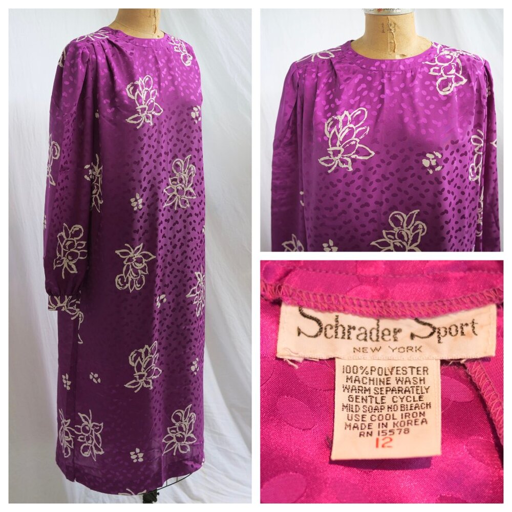 vtg 80s SCHRADER SPORT Purple Floral Secretary Shift Minimalist Dress 12